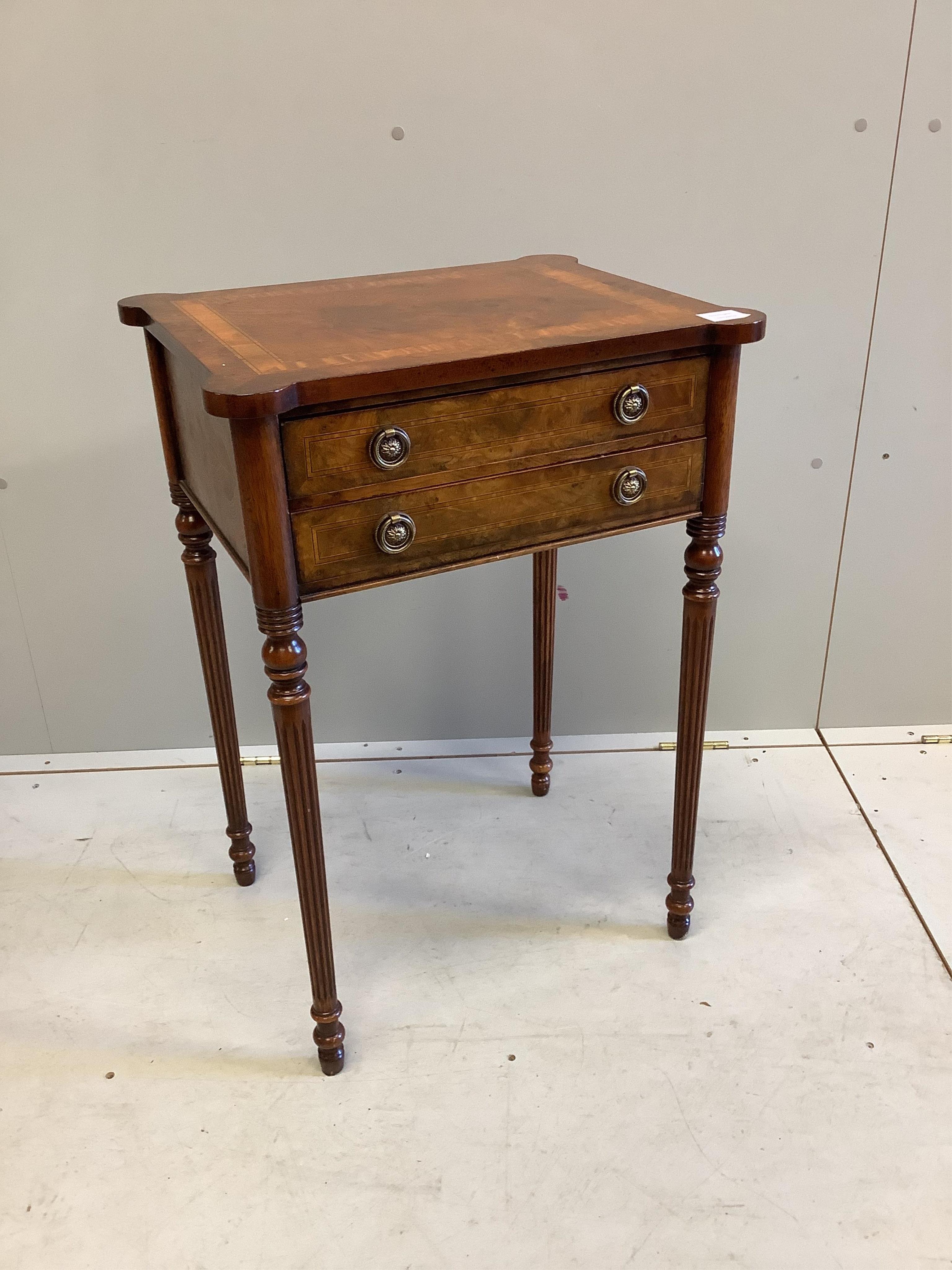 A Regency style satinwood banded burr wood occasional table, width 53cm, height 77cm. Condition - good